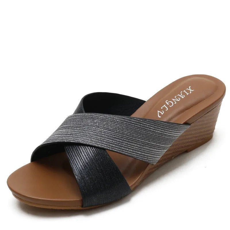 Ethnic style casual open toe women's sandals in black with PU upper and TPR sole