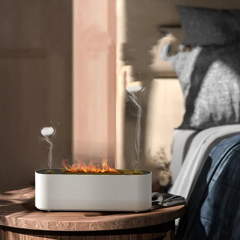 Black Flame Air ultrasonic humidifier with LED lights creating mist and flame effects on wooden surface