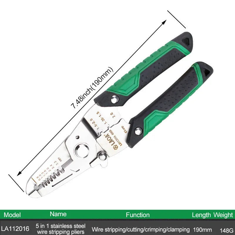 Stainless steel 7-in-1 wire stripper tool with two-colour ABS handle and precision apertures