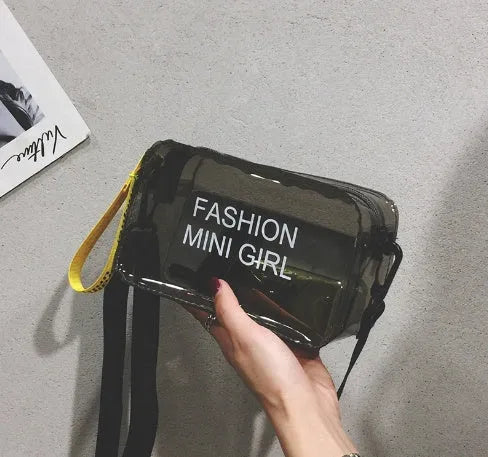 Transparent square women's shoulder bag with adjustable strap in multiple colour options showing internal mobile phone pocket