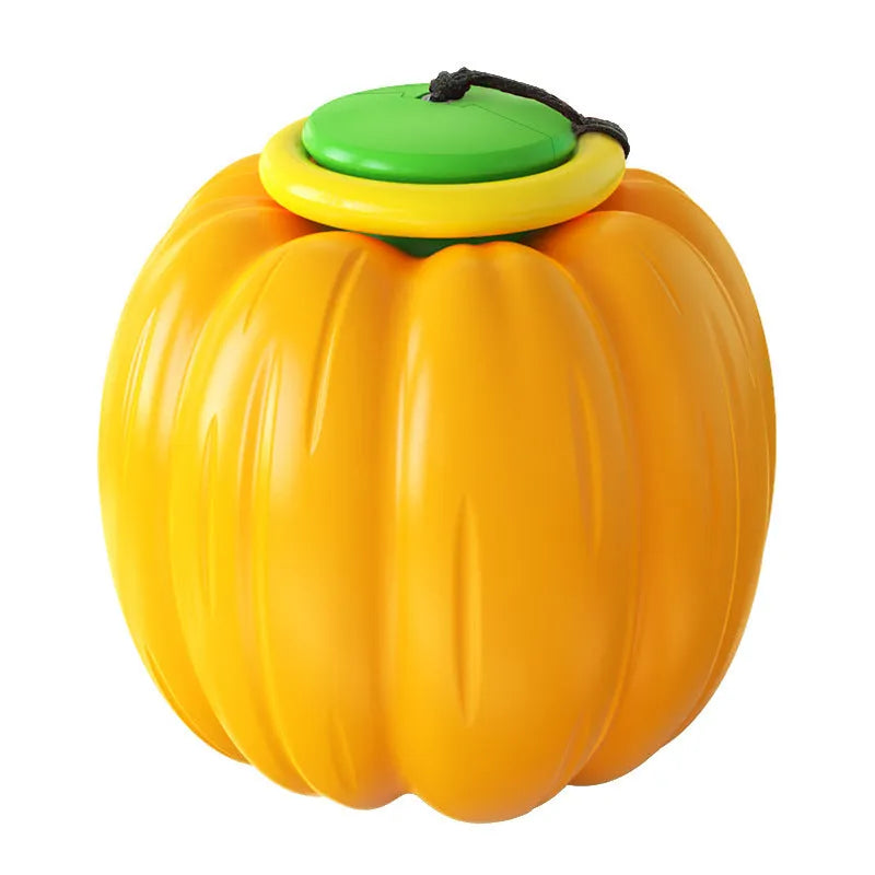 Halloween pumpkin dog chew ball with squeaker in green, orange and yellow colours for small dogs