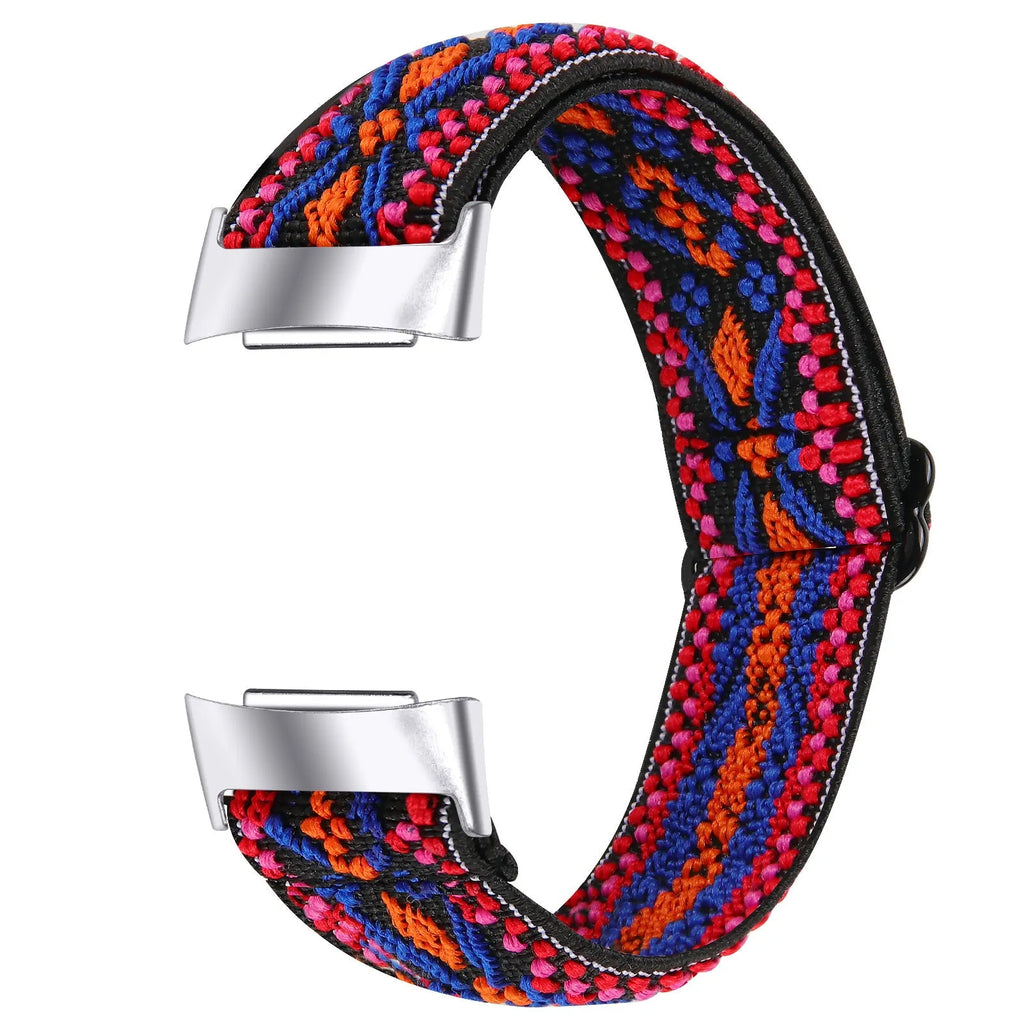 Printed elastic replacement watch strap compatible with Fitbit Charge 6, shown in an adjustable length.