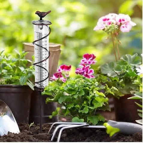 Cast iron bird glass hyetometer rain gauge with hummingbird decoration showing measurement scale