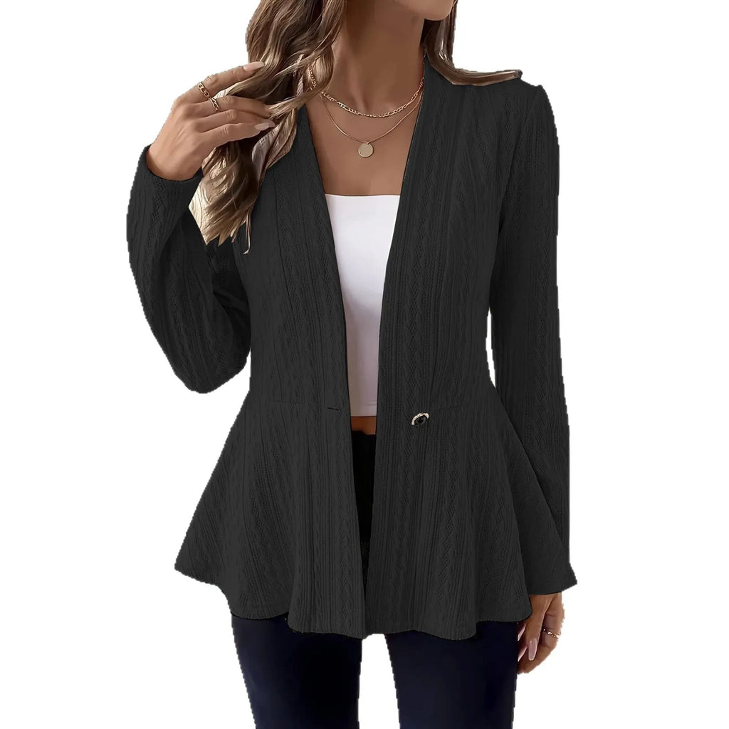 Women's solid colour one button knitted cardigan in apricot with jacquard pattern and long sleeves