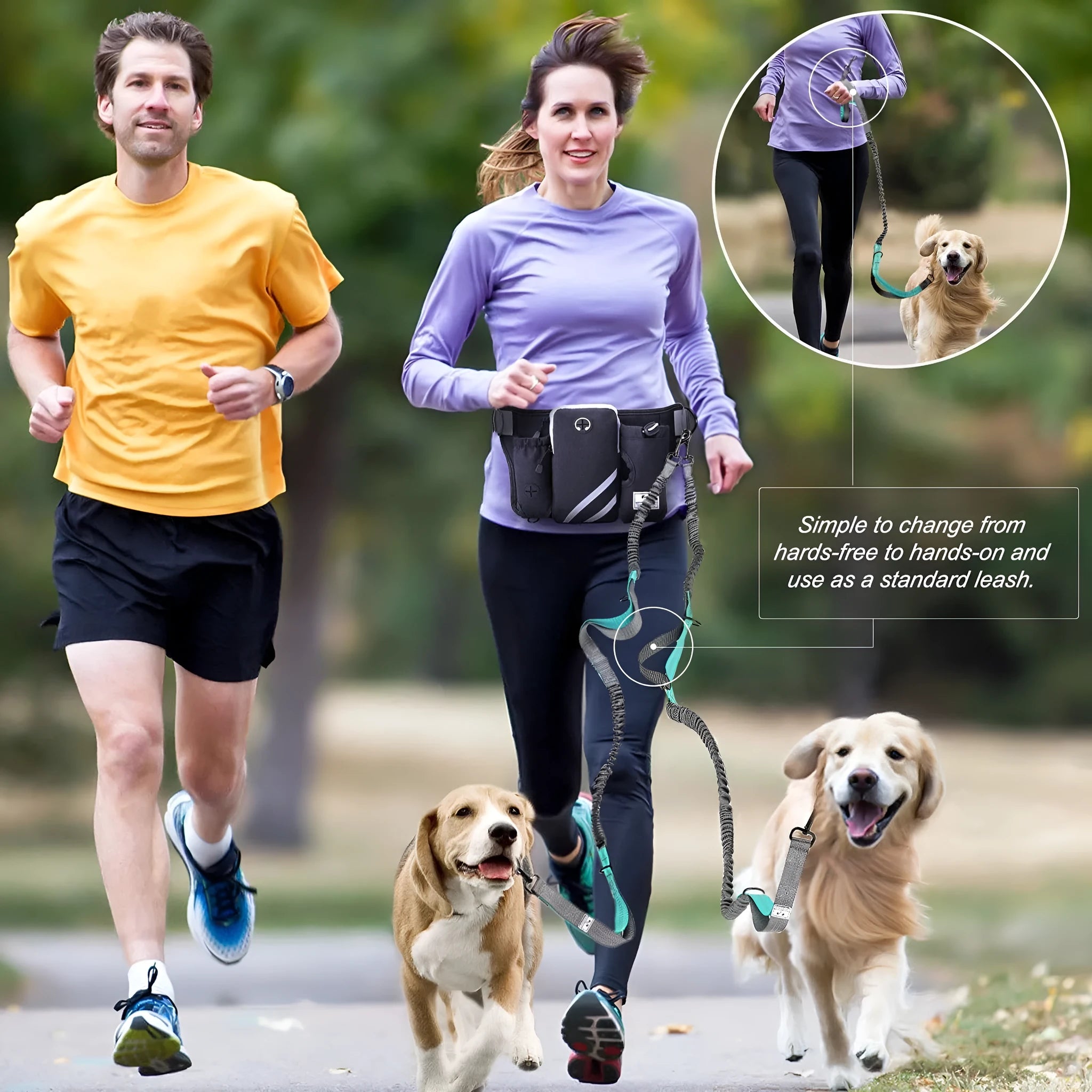 Black outdoor dog walking set with waist bag and adjustable leash on nylon material