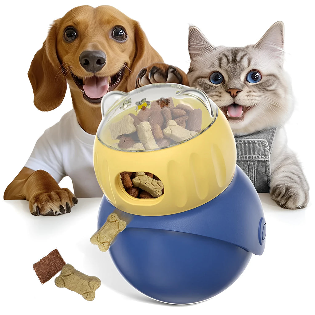 Morandi yellow and blue plastic tumbler owl puzzle cat toy for self-service feeding and mental stimulation.