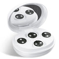 White wireless red light EMS eye massager on a clean surface with silicone contact pads visible