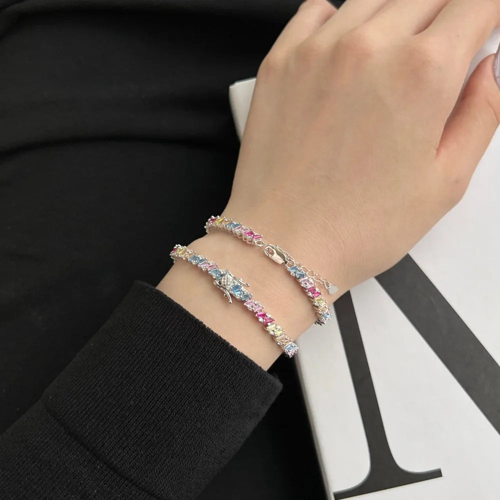 Silver geometric zircon bracelet for women with U-shaped diamond and multi-shape accents, 16-18cm length