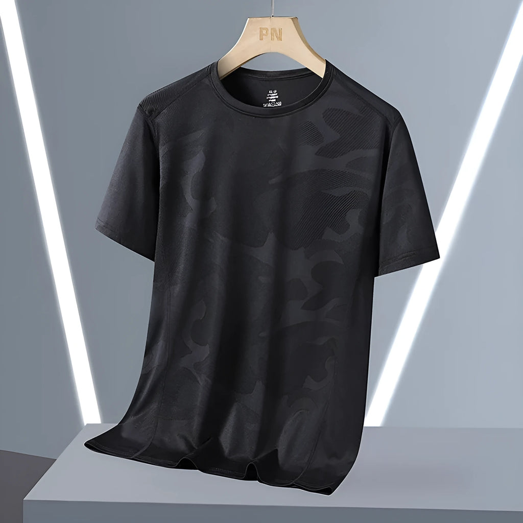 Men's camouflage pattern short sleeve t-shirt in plus sizes on a hanger.
