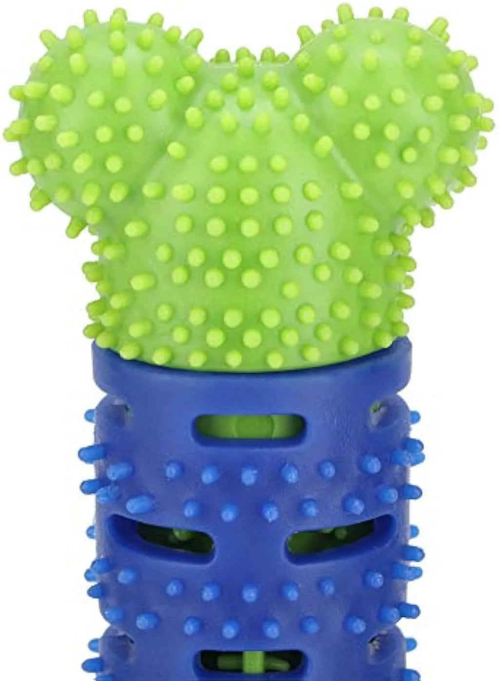 Blue and green silicone dog molar tooth cleaning toy with textured brush head and nodules, 25cm long.