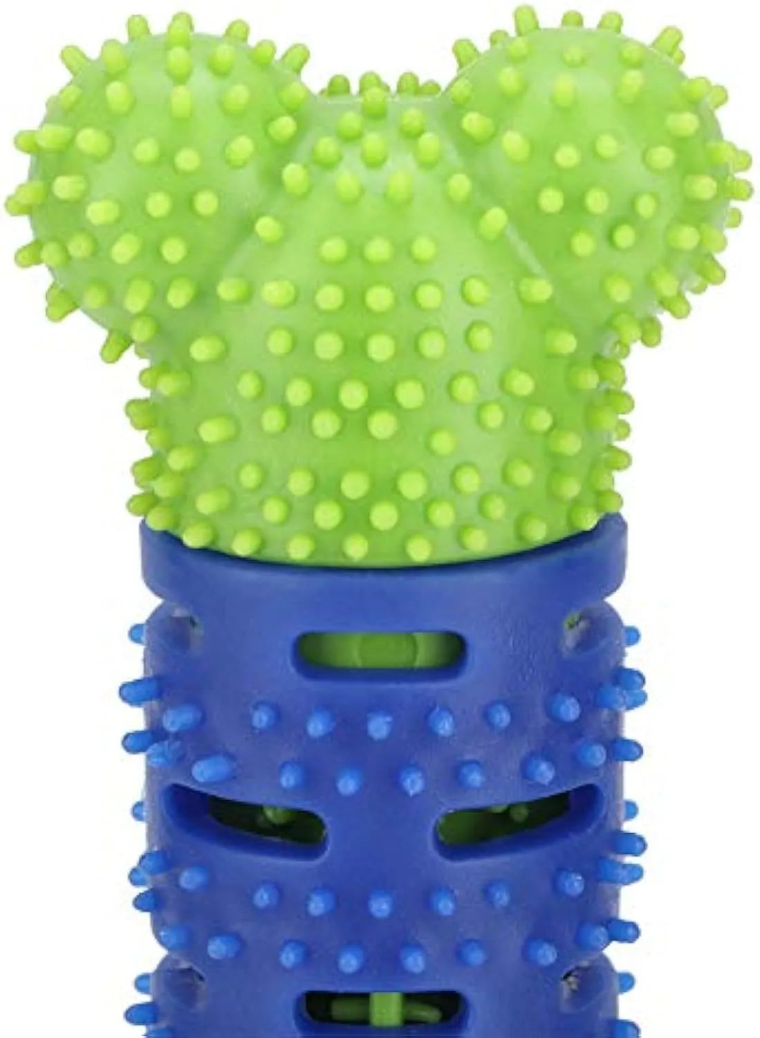 Blue and green silicone dog molar tooth cleaning toy with textured brush head and nodules, 25cm long.