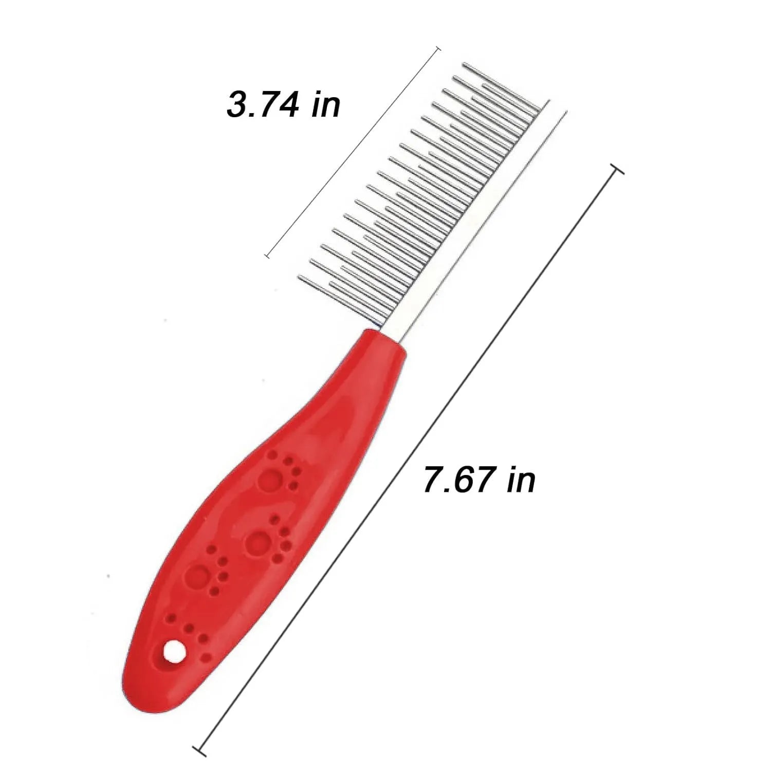 Red plastic handle pet grooming comb with dual-length stainless steel teeth for removing mats and tangles.