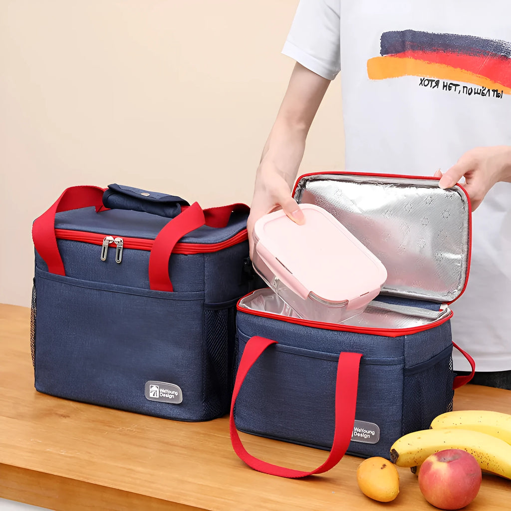 Insulated crossbody picnic bag in Oxford cloth with shoulder strap, shown in grey colour