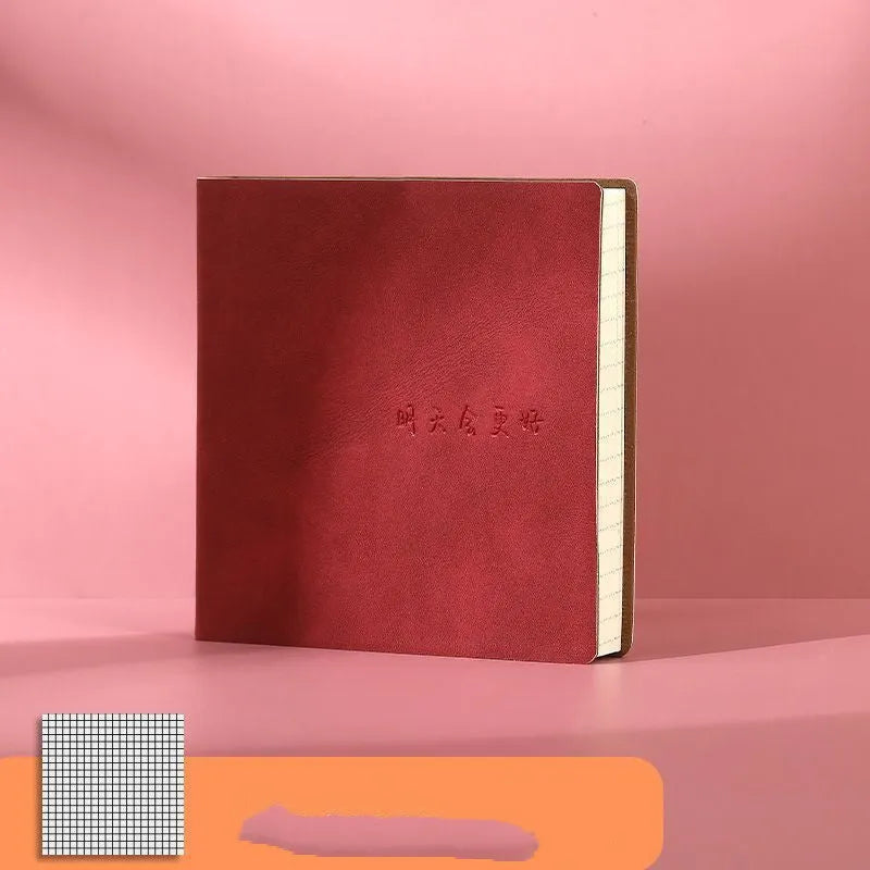 Square faux leather notebook with mesh cover, shown open on blank, checkered, and lined page options.
