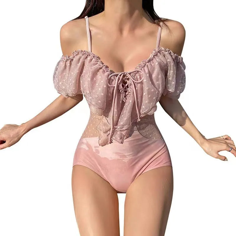 Solid pink women's one-piece nylon swimsuit for swimming activities