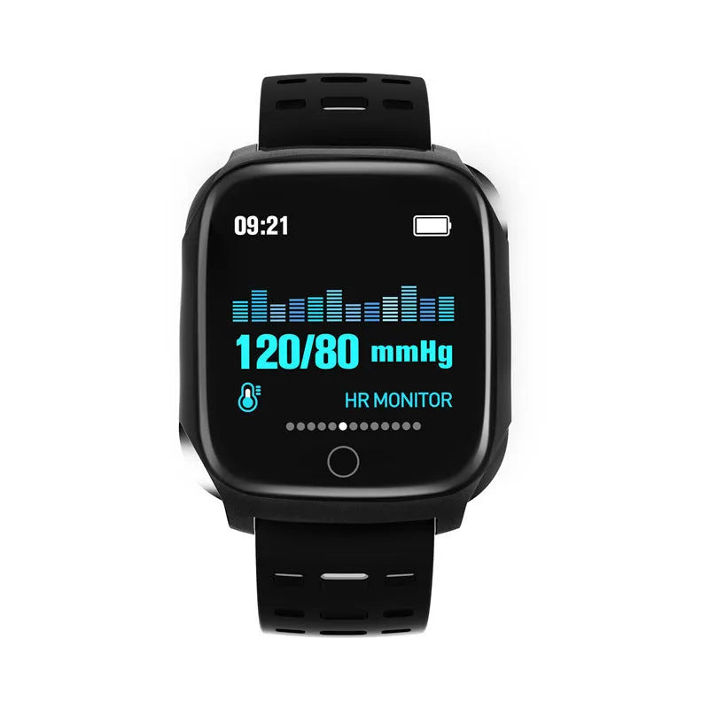 F16 smart watch with ECG monitor on a silicone wristband, showing the IPS display and physical button.