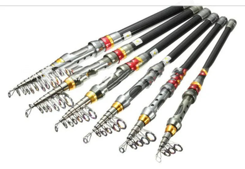 Carbon fibre telescopic spinning fishing rod with metal handle, extended, on a boat deck.