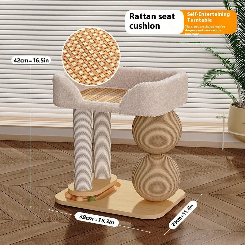 Pine wood cat bed with double columns and integrated grasping balls for scratching