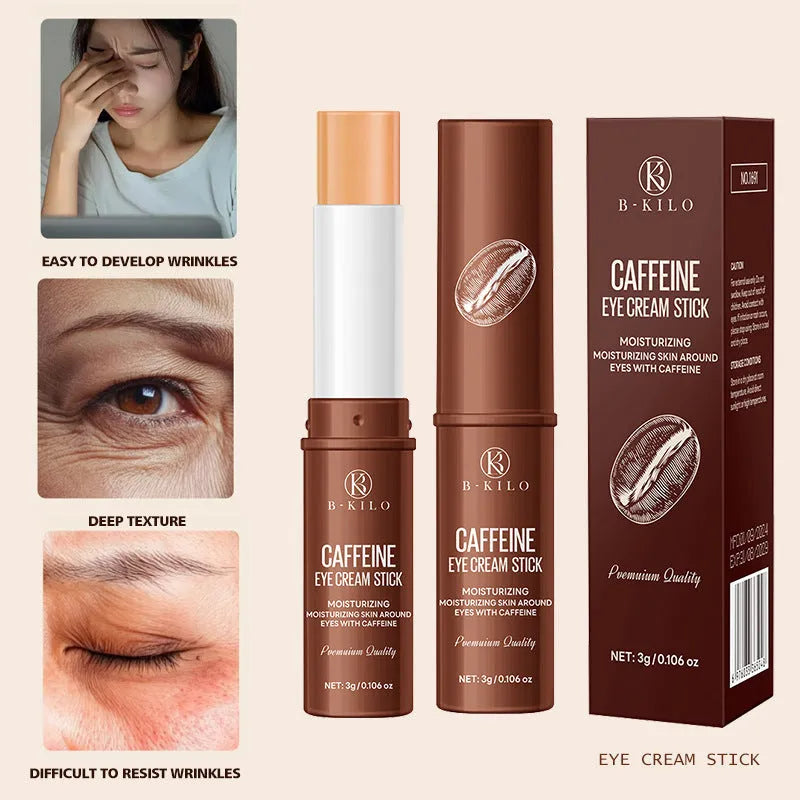 Caffeine eye cream stick applicator for reducing fine lines and dark circles, 3g net content.