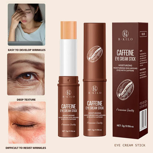 Caffeine eye cream stick applicator for reducing fine lines and dark circles, 3g net content.