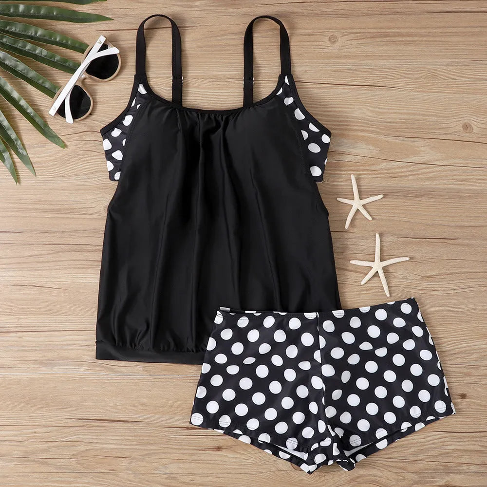 Women's polka dot boxer swimsuit with high-waist briefs in multiple colour options