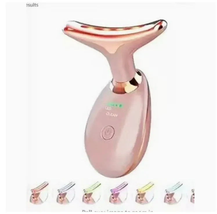 Black and silver EMS thermal neck lifting massager with LED lights for wrinkle reduction and skin tightening.