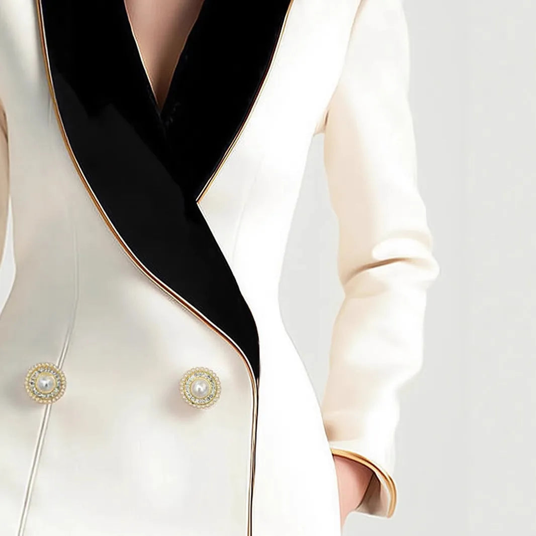 Women's milky white beige TR polyester coat with golden edge pearl buttons and long sleeves