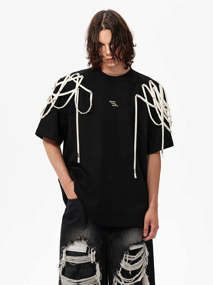 Black loose fit T-shirt with rivet ribbon padded shoulder detailing and short sleeves