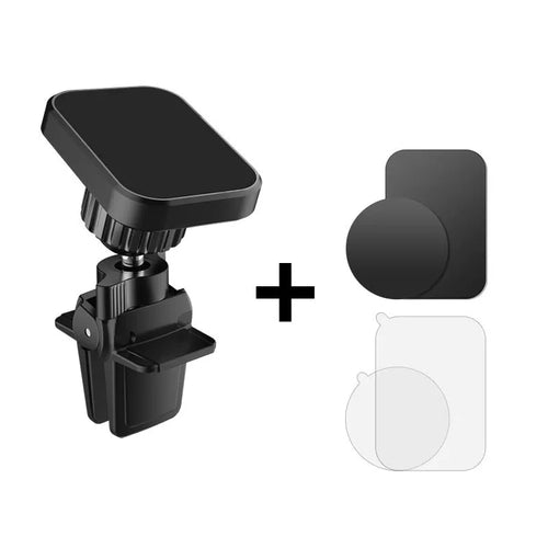 Black magnetic car phone holder attached to vehicle air vent with adjustable clamp