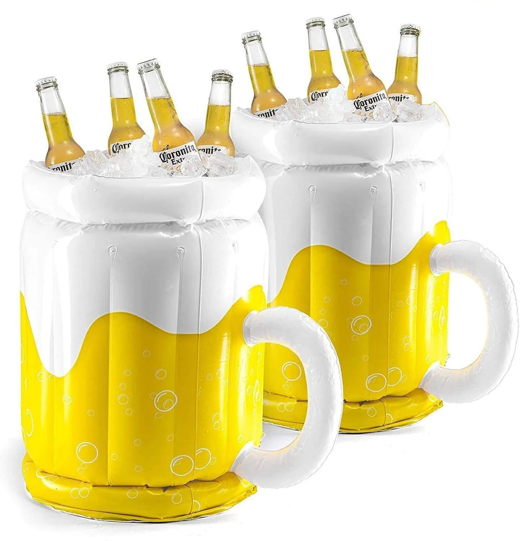 Large yellow inflatable beer mug cooler pool float with drinks, shown in a swimming pool.