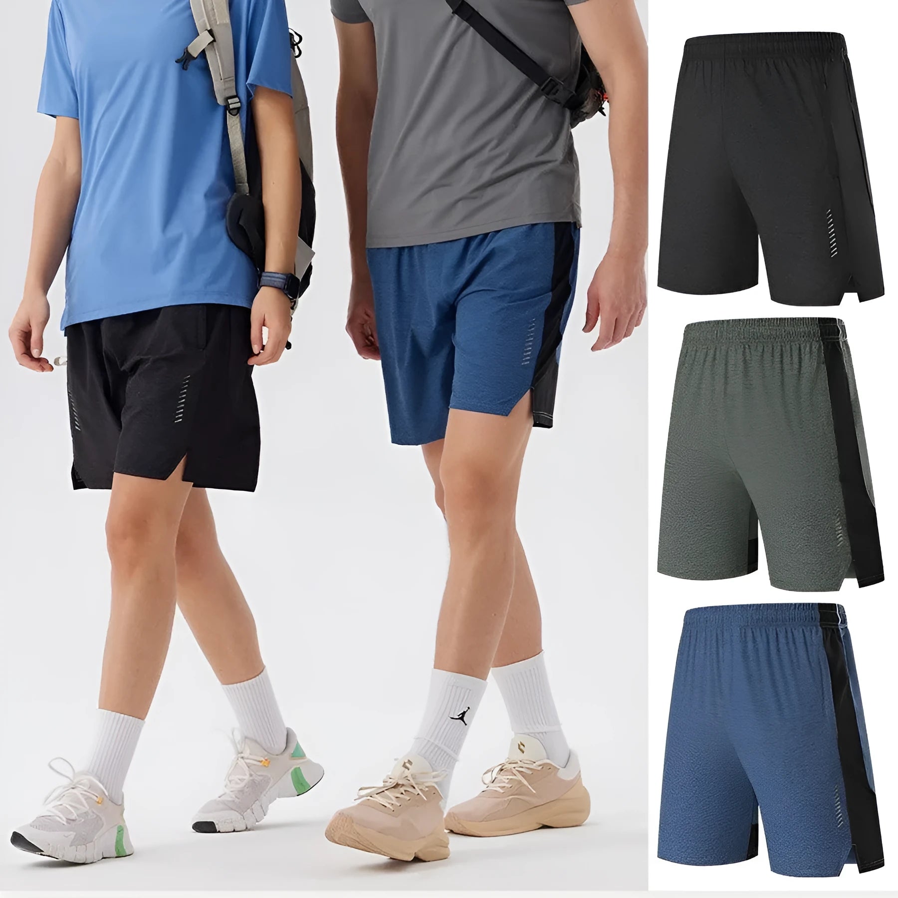 Men's forest green five-point spandex casual shorts laid flat.