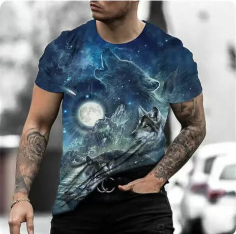 Man modelling a short-sleeved grey T-shirt with a retro-style 3D animal graphic print on the front.