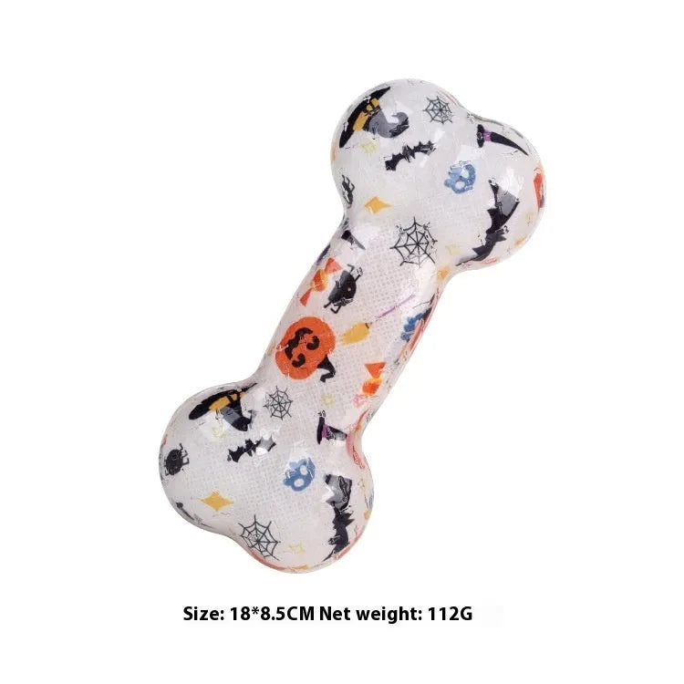 Printed bone-shaped TPR dog chew toy with squeaker in seasonal colour options