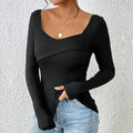 Black knitted slim-fit square neck backless long-sleeved top for women, front view
