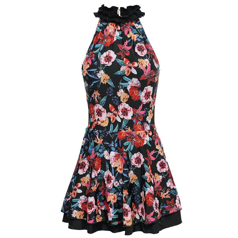 Sanqi black printed one-piece conservative swimsuit for ladies on a mannequin.