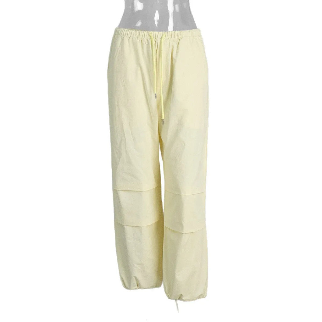 Solid yellow women's drawstring loose casual trousers with straight leg mid waist
