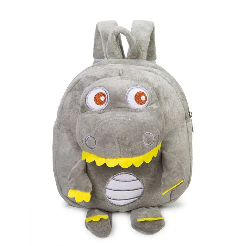 Blue dinosaur plush backpack for children with embroidery pattern and soft handles