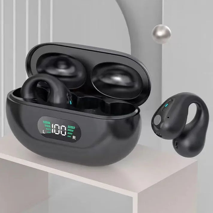 Bone conduction headphones ear clip TWS earbuds Bluetooth 5.3 touch control black colour