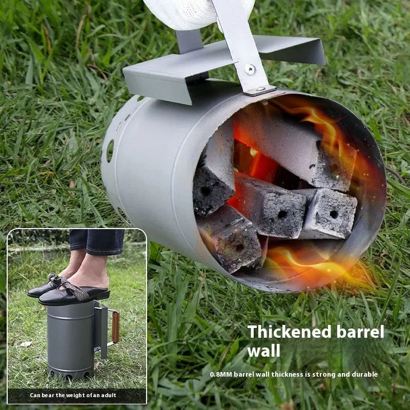 Zinc-iron alloy charcoal fire starter bucket and oven igniter for outdoor barbecues.