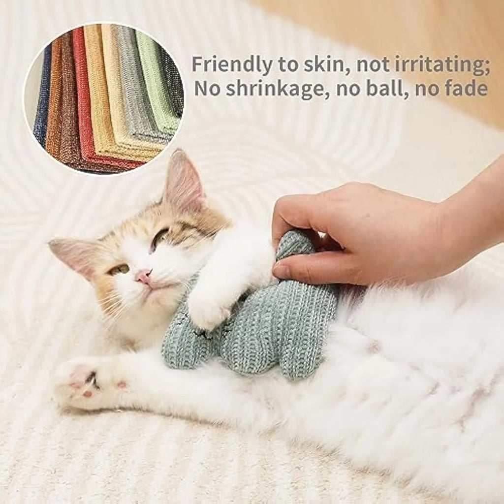 Cyan and light coffee coloured plush cat toys with bells and catnip, measuring 12 by 11 cm.
