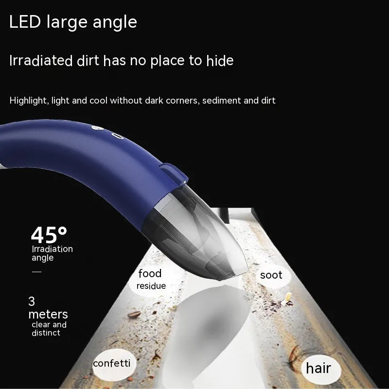 Handheld wireless car vacuum cleaner with USB charging cable showing black and white colour options