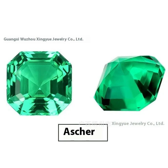 Cultivated emerald gemstone in Columbia green treasure colour showing round and grandmother cut sizes