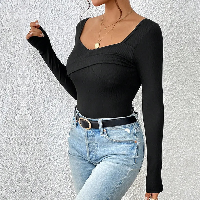 Black knitted slim-fit square neck backless long-sleeved top for women, front view