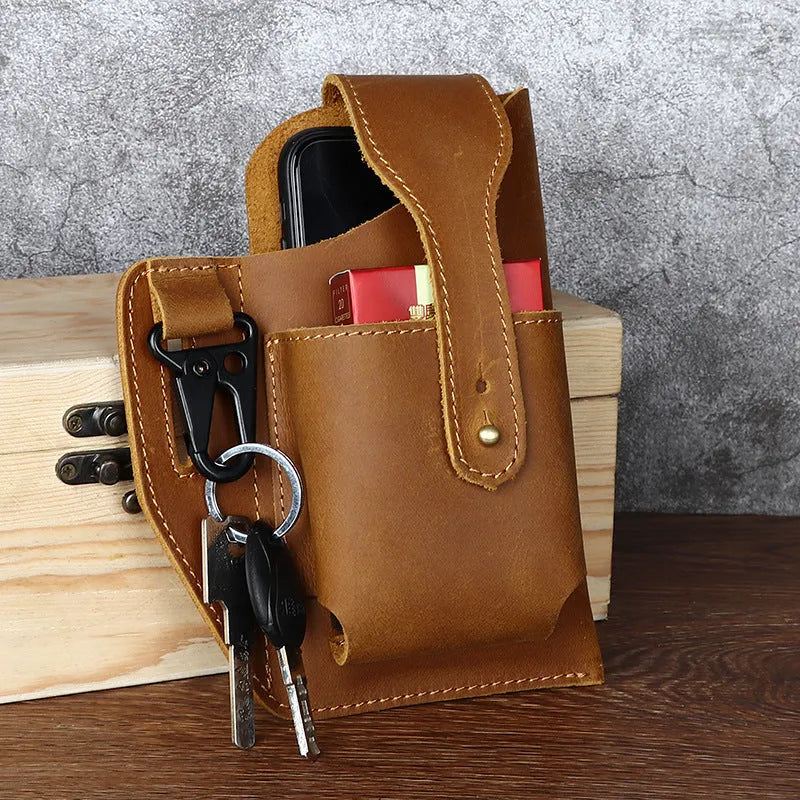 Men's retro leather hanging belt bag in cowhide with car suture detailing and cover opening for mobile phone storage