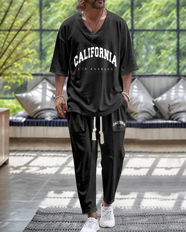 Cropped sleeves V-neck trousers suit in thin polyester fabric with matching top and pants