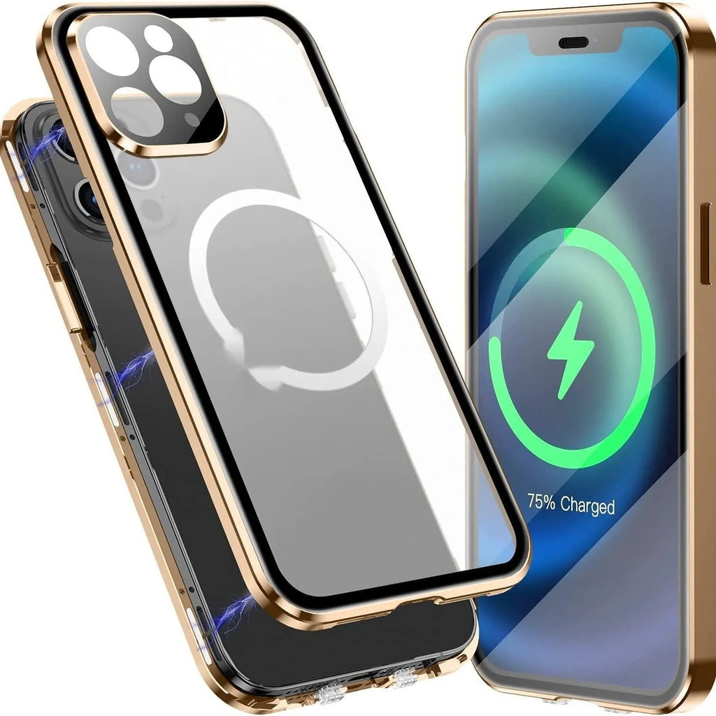 HD Magnetic Card Buckle Protective Cover Metal Case for iPhone 16 series in silver with card attached to magnetic holder.