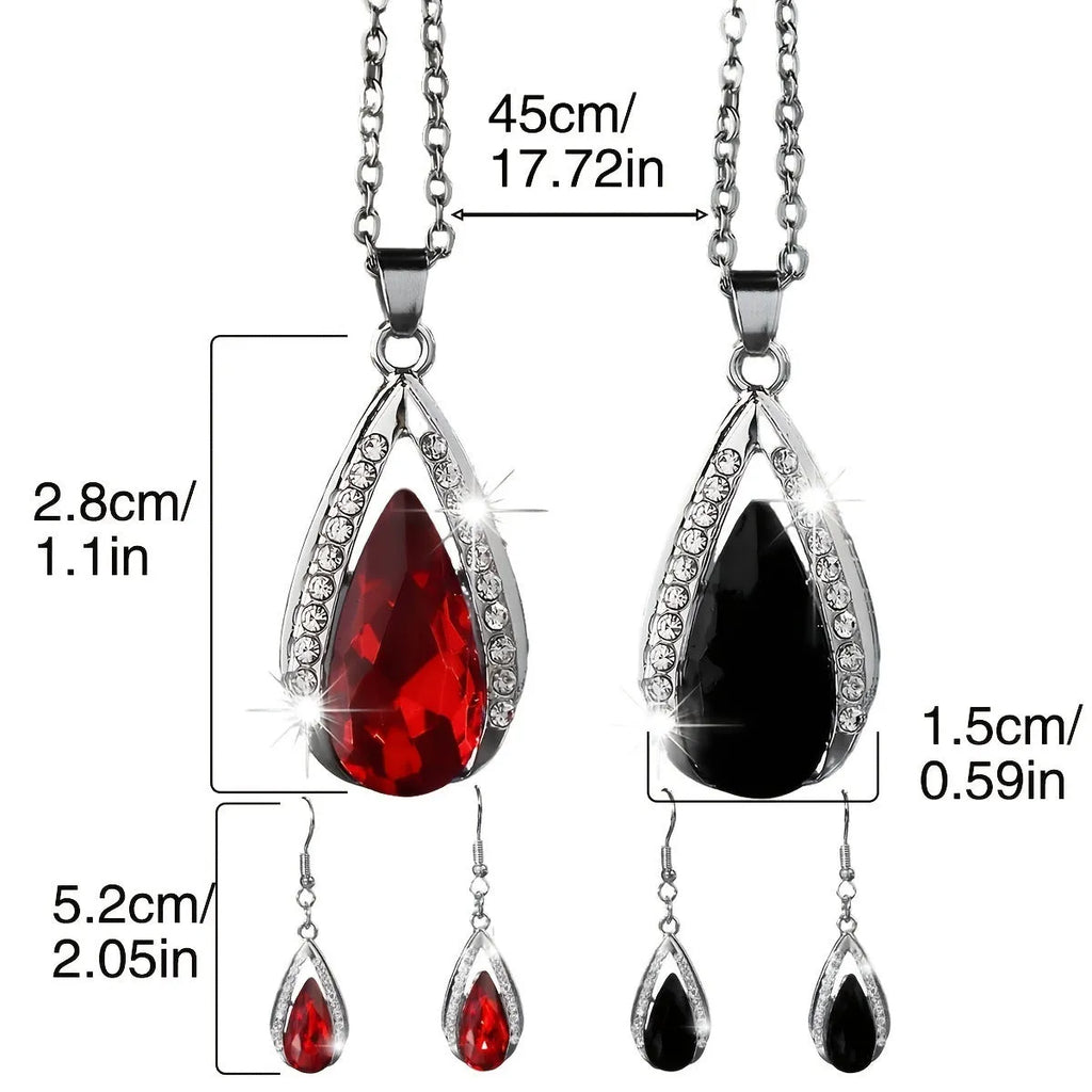 Black and red teardrop pendant alloy necklace and matching earrings set on a white background.