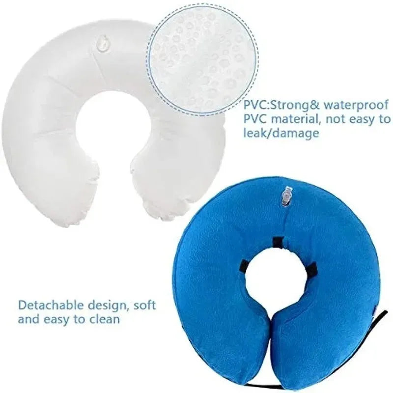 Blue soft inflatable dog recovery collar fastened around a dog's neck as an alternative to a plastic cone.