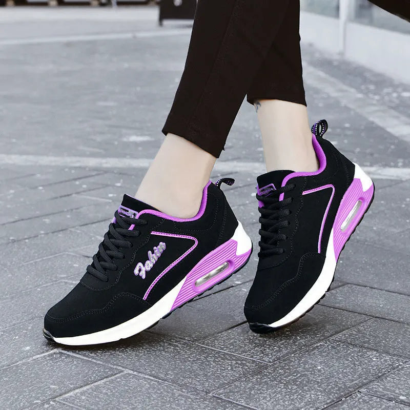 Spring leather plus size air cushion sports shoes for women, casual walking, low-top lace-up, black and white colour