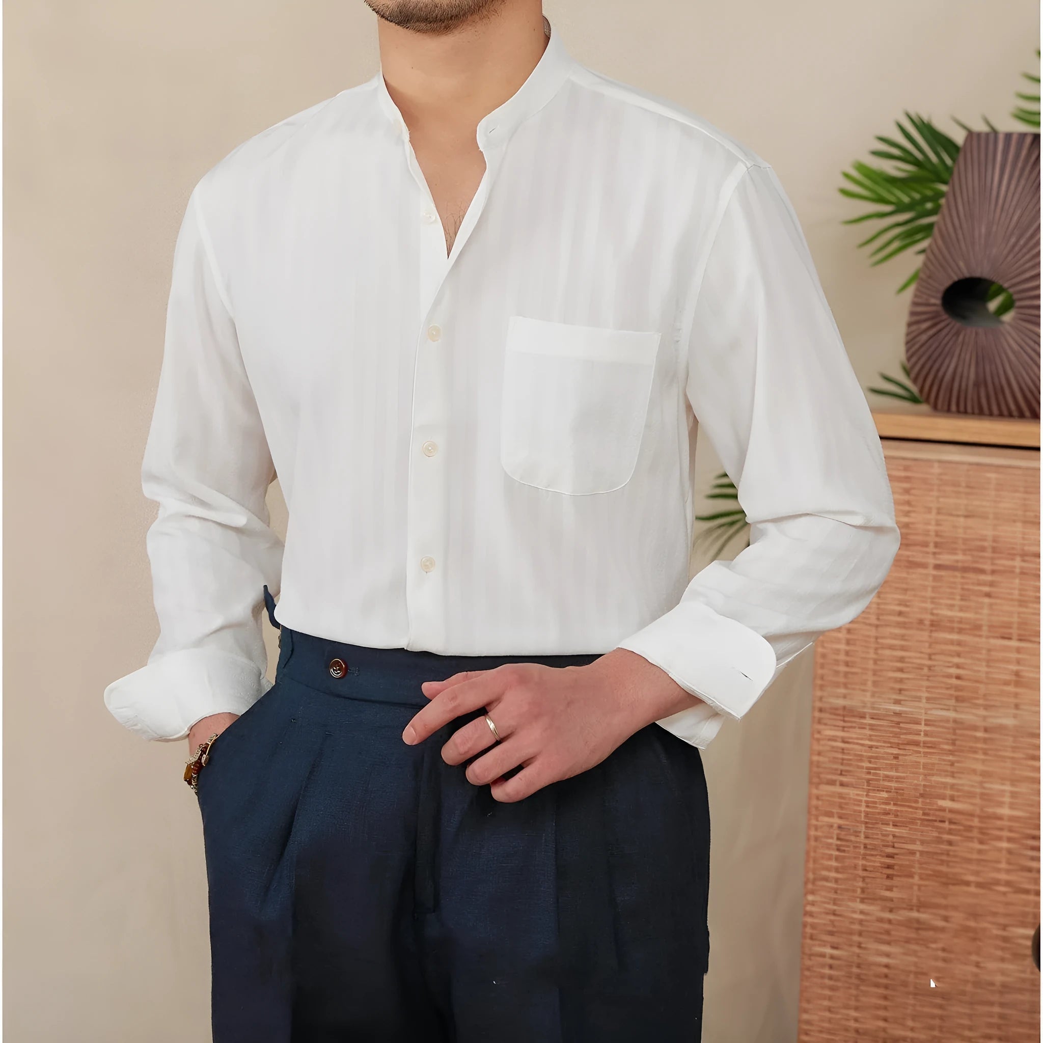 Blue and white seersucker striped men's shirt with baseball collar and loose lapel design